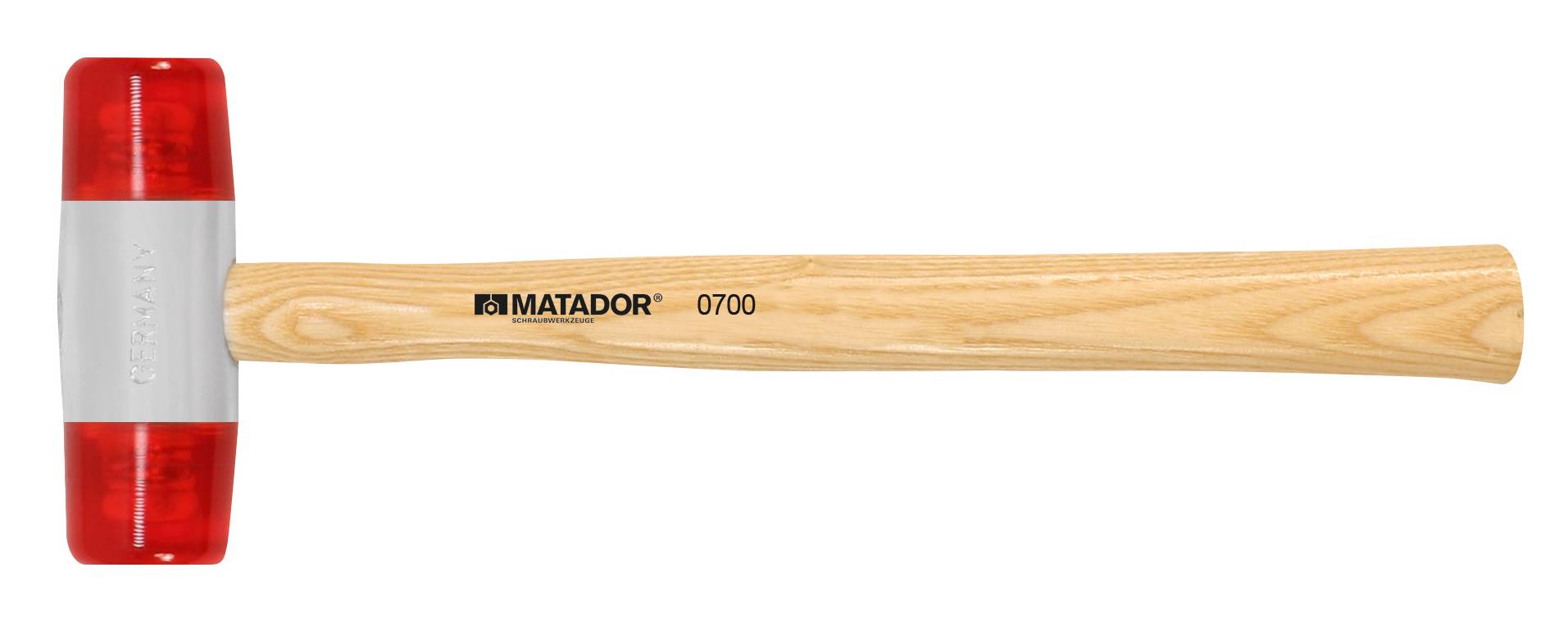 Holzhammer mit rotem Kunststoffkopf und der Aufschrift 'MATADOR 0700'. Geeignet für präzise Arbeiten ohne Beschädigung der Oberfläche.