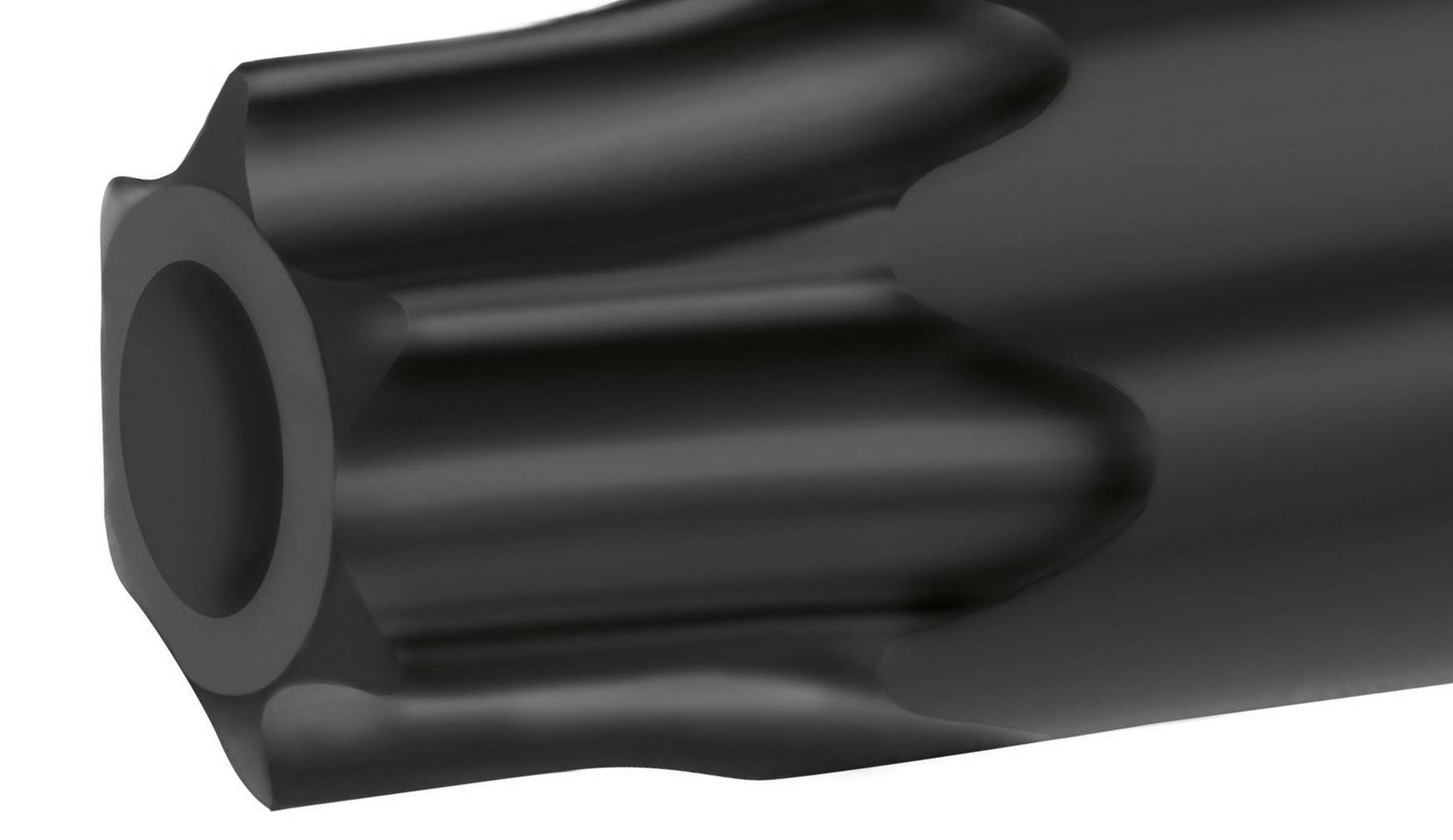 Nahaufnahme eines schwarz glänzenden Zapfenschlüssels mit mehreren Kanten.