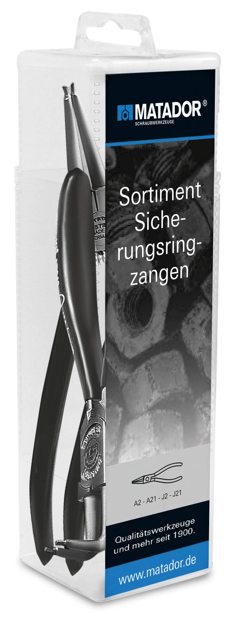 Verpackung von Sicherungsringzangen der Marke Matador. Text: 'Sortiment Sicherungsringzangen'. Matador-Logo und Webadresse.