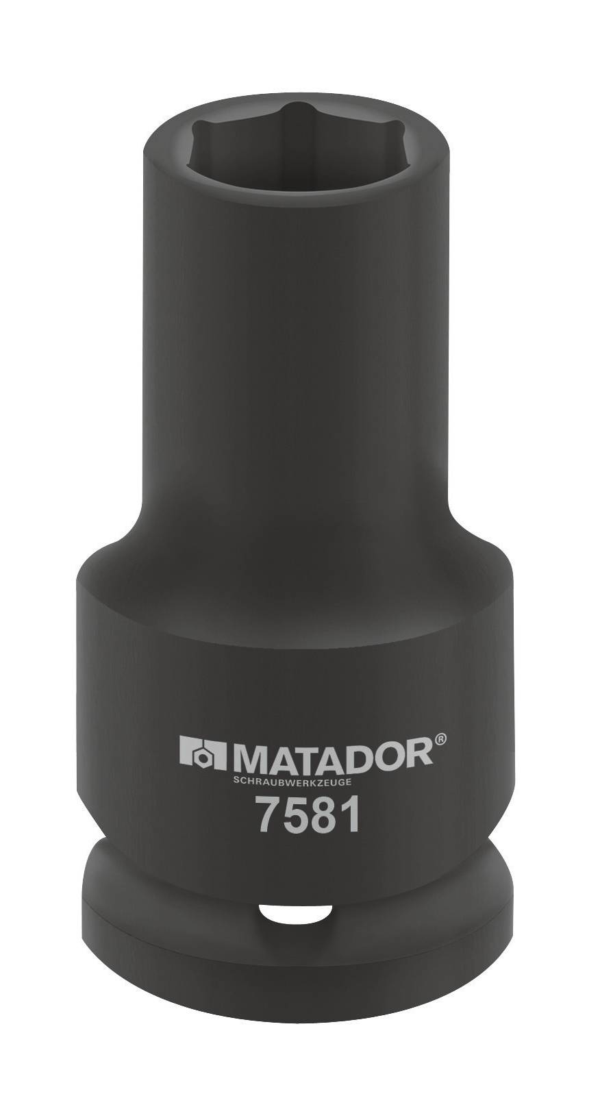 Schwarze Matador Stecknuss mit der Nummer 7581, zylindrisch geformt, für den Einsatz mit Schraubwerkzeugen.