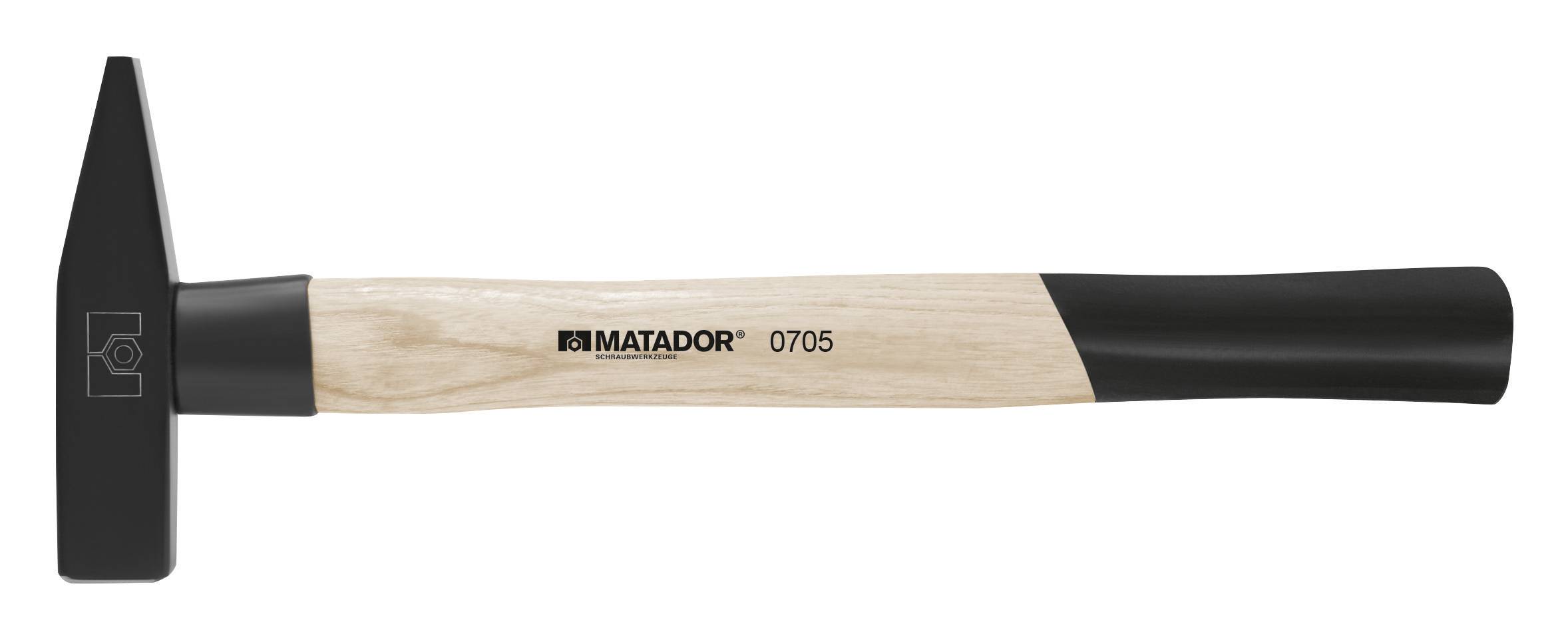 Ein Schreinerhammer mit Holzgriff und schwarzem Metallkopf. Die Aufschrift auf dem Griff lautet 'MATADOR 0705'.