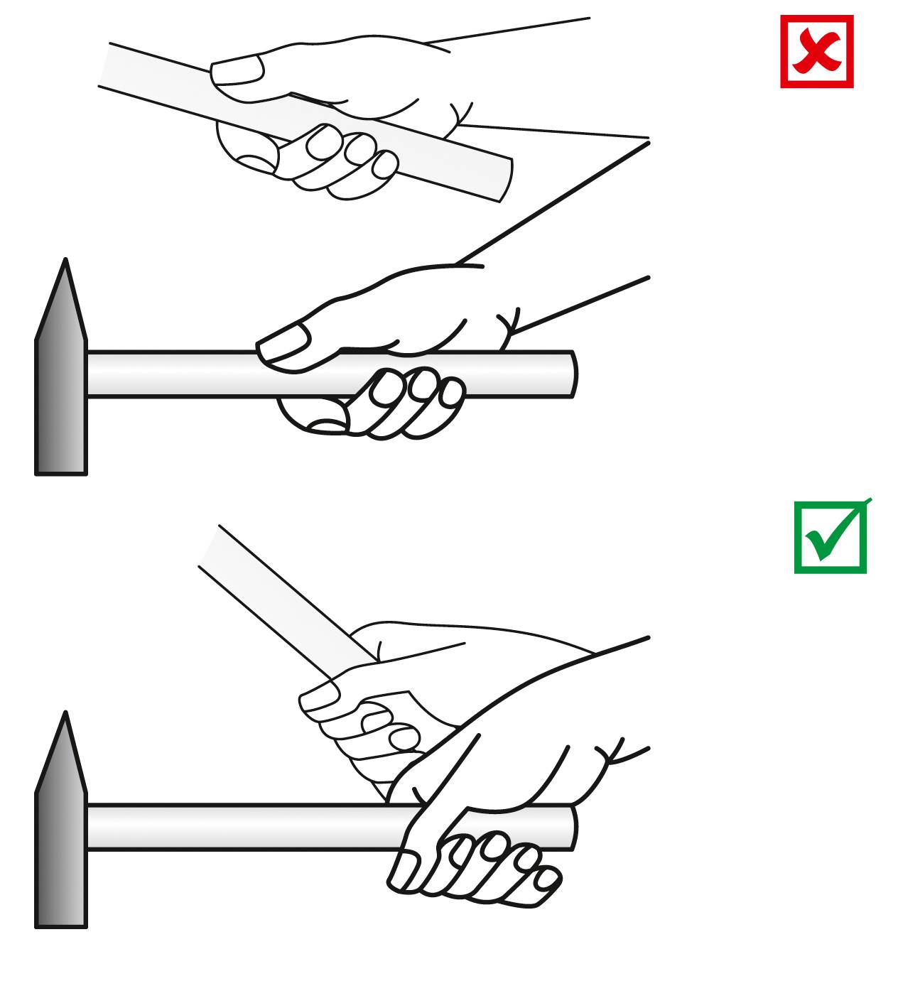 Diagramm zeigt zwei Handhaltungen mit Hammer: Obere falsch mit Daumen an der Spitze; untere korrekt mit festem Griff. Rotes X oben, grünes Häkchen unten.