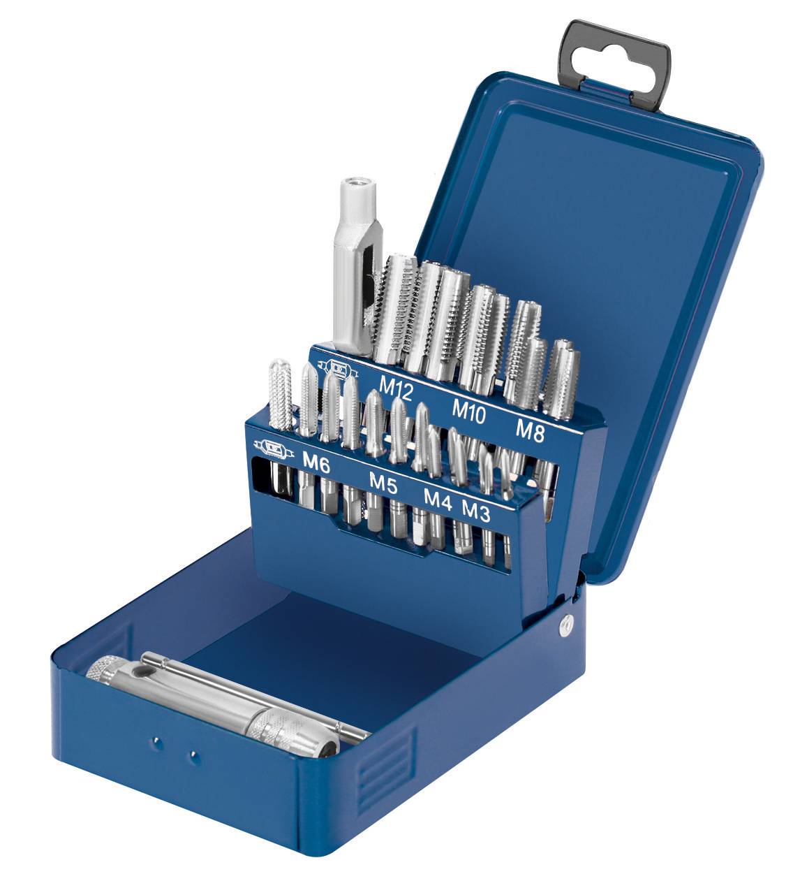 Metallschneidewerkzeug in einem offenen blauen Etui, das Metallbohrer und Gewindebohrer in verschiedenen Größen (M3-M12) enthält.