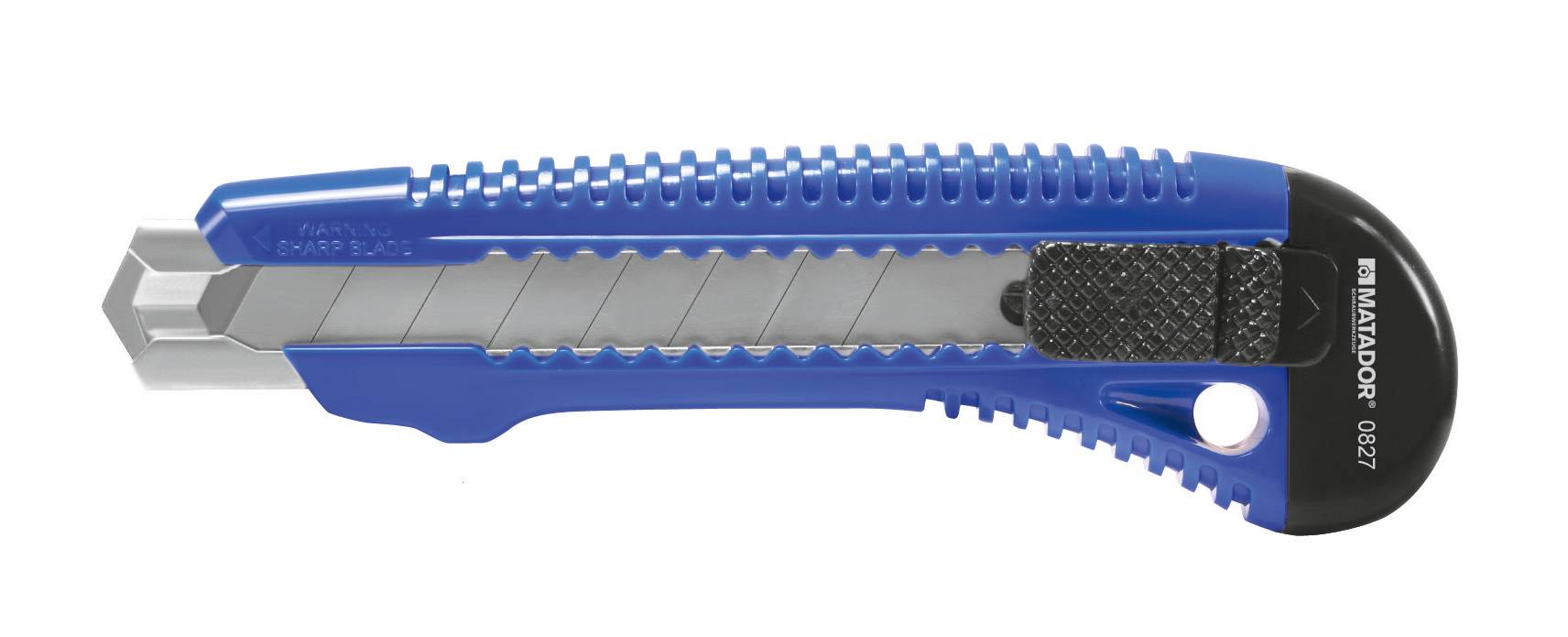 Blauer Cutter mit schwarzem Griff und abgebrochener Klinge. Markierung 'MATADOR 0827' am Griff. Geeignet für Schneidarbeiten.