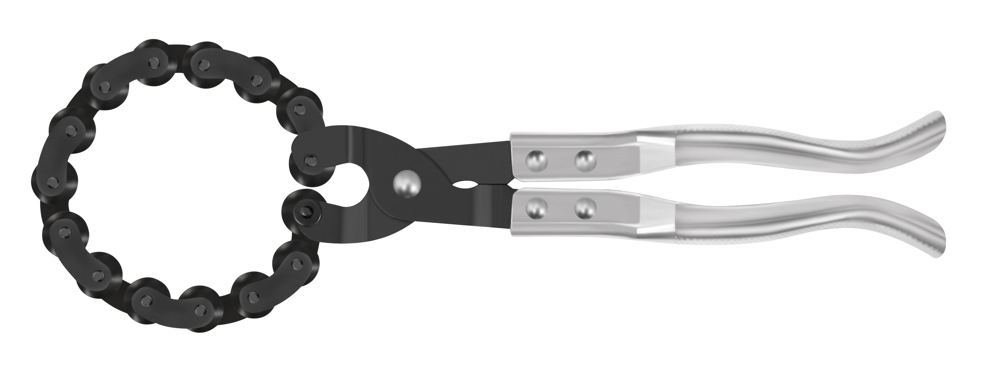 Abgebildet ist eine Kettenrohrzange mit einem schwarzen Kettenband und silbernen Griffen, die zum Halten runder Objekte dient.