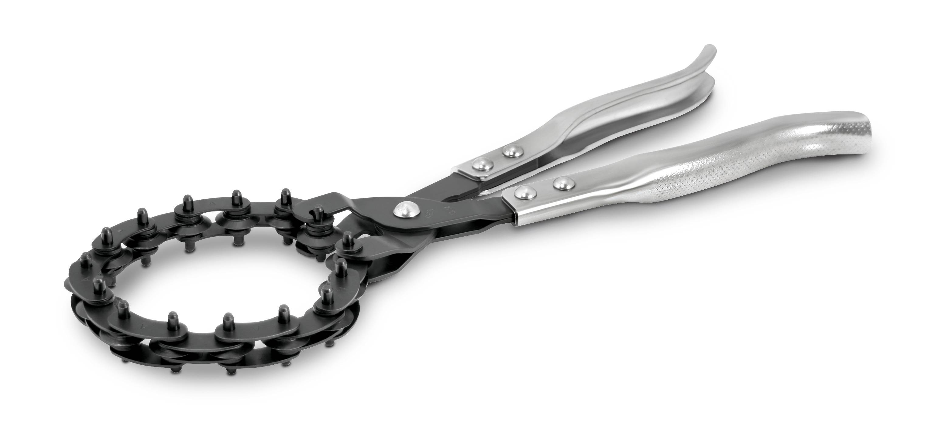 Kombizange mit Kettengreifmechanismus auf weißem Hintergrund. Werkzeug aus Metall, verwendet für spezielle Kfz- oder Rohrleitungen.