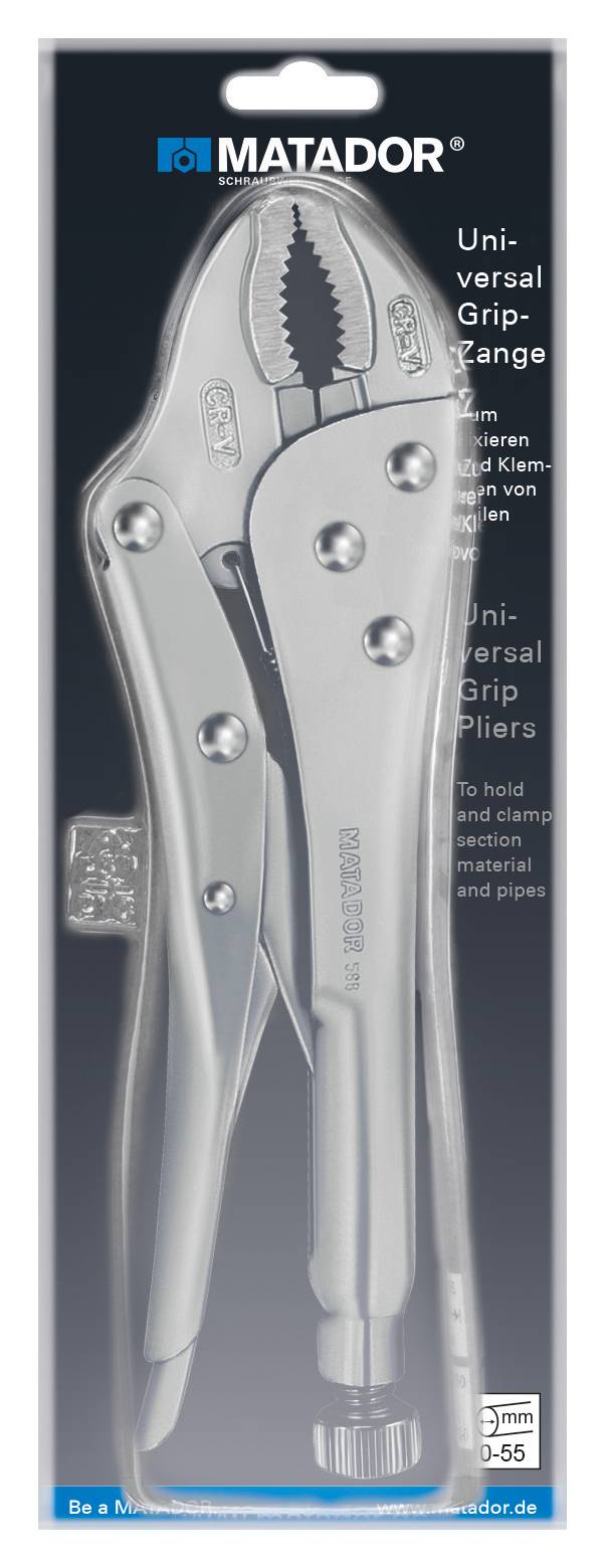 'MATADOR Universal Grip-Zange' in Verpackung. Metallzange mit verstellbarem Griff. Zum Halten und Klemmen. Logo und Website unten.