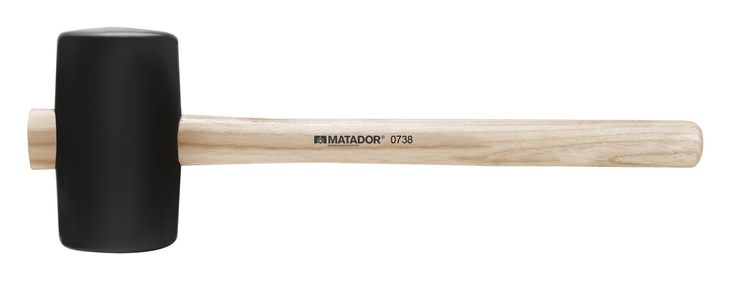 Ein schwarzer Gummihammer mit einem Holzgriff, markiert mit 'Matador 0738', liegt horizontal.