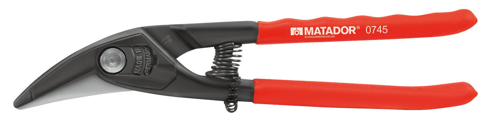 Eine rote Matador-Blechschere mit schwarzen Details, geeignet zum Schneiden von Metallblechen.