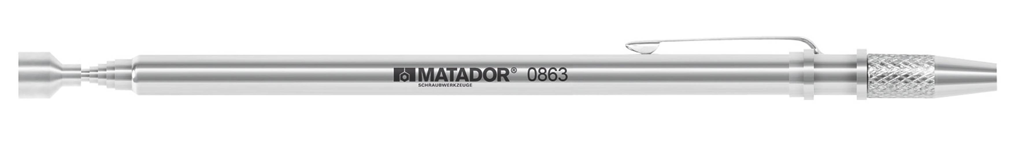 Silberfarbener, metallischer Stift mit Clip. Aufschrift 'MATADOR 1063'.