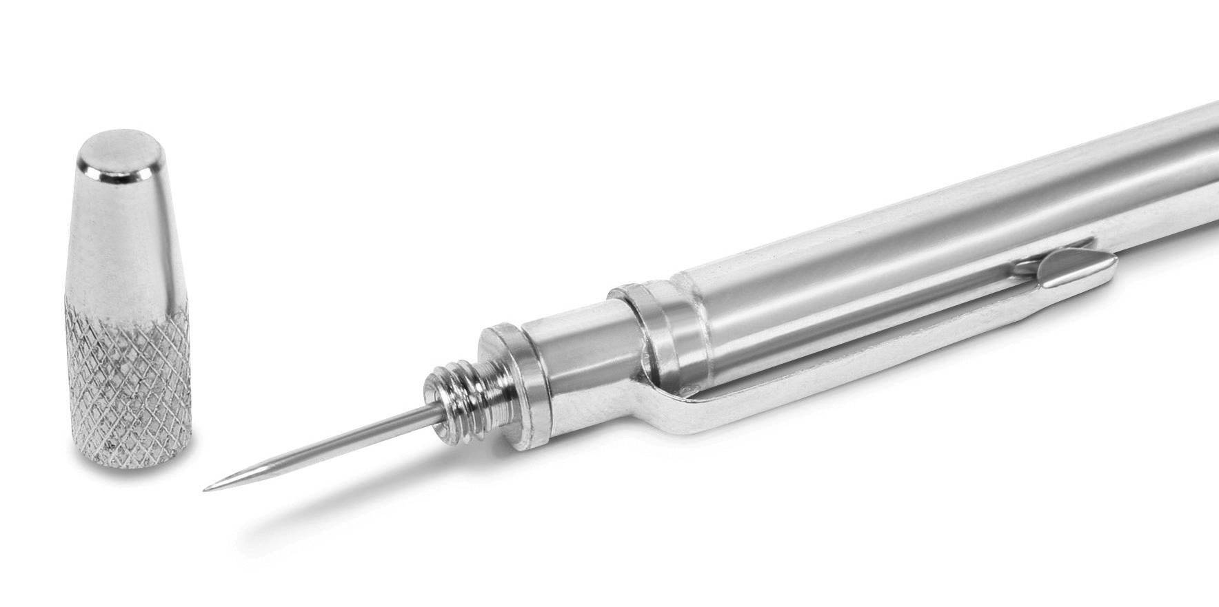 Silberner Druckbleistift mit entferntem Radiergummikappe zeigt die feine Spitze. Schlichtes, funktionales Design.