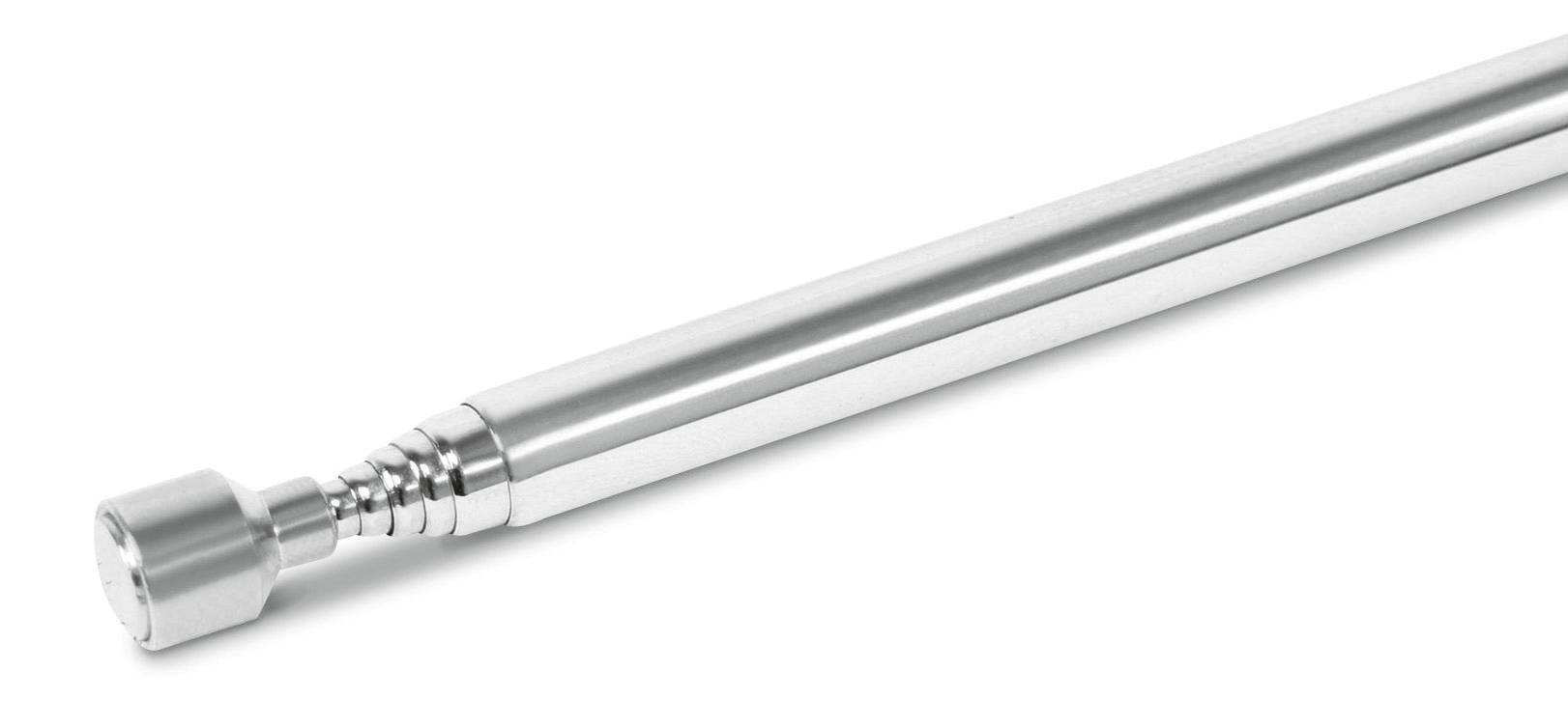 Silberne, teleskopische Stange, oft als magnetischer Werkzeughalter verwendet, auf weißem Hintergrund.