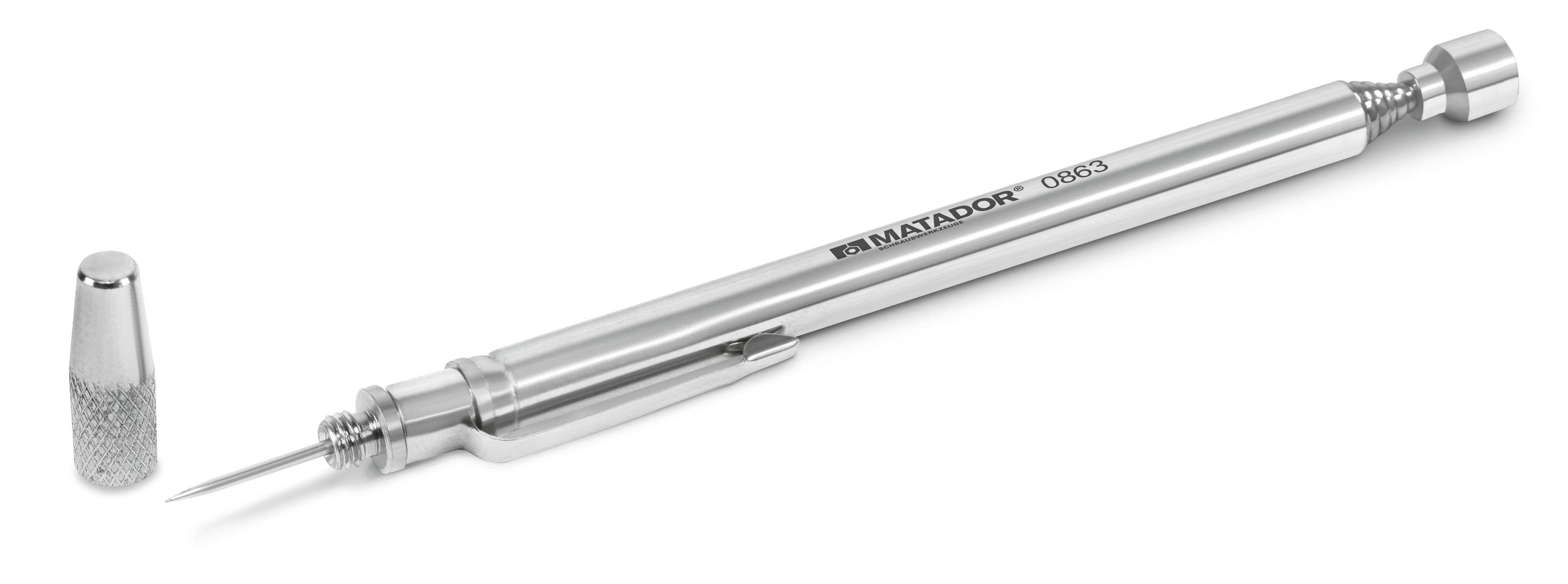 Ein silberfarbener mechanischer Minenstift der Marke Matador liegt auf einer Oberfläche, die Kappe ist daneben positioniert.