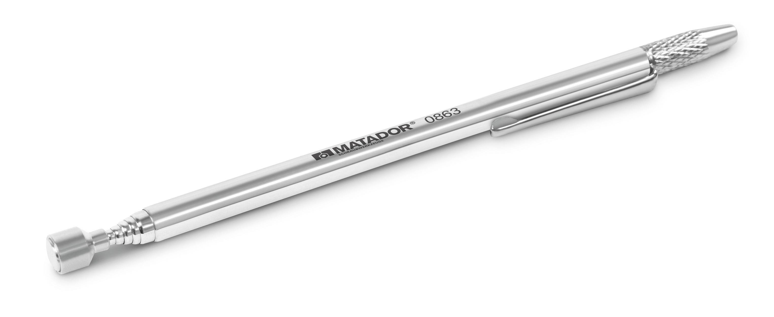 Silberner Teleskopmagnet-Stab mit einem kleinen quadratischen magnetischen Kopf und Clip an der Seite, von der Marke Matador.