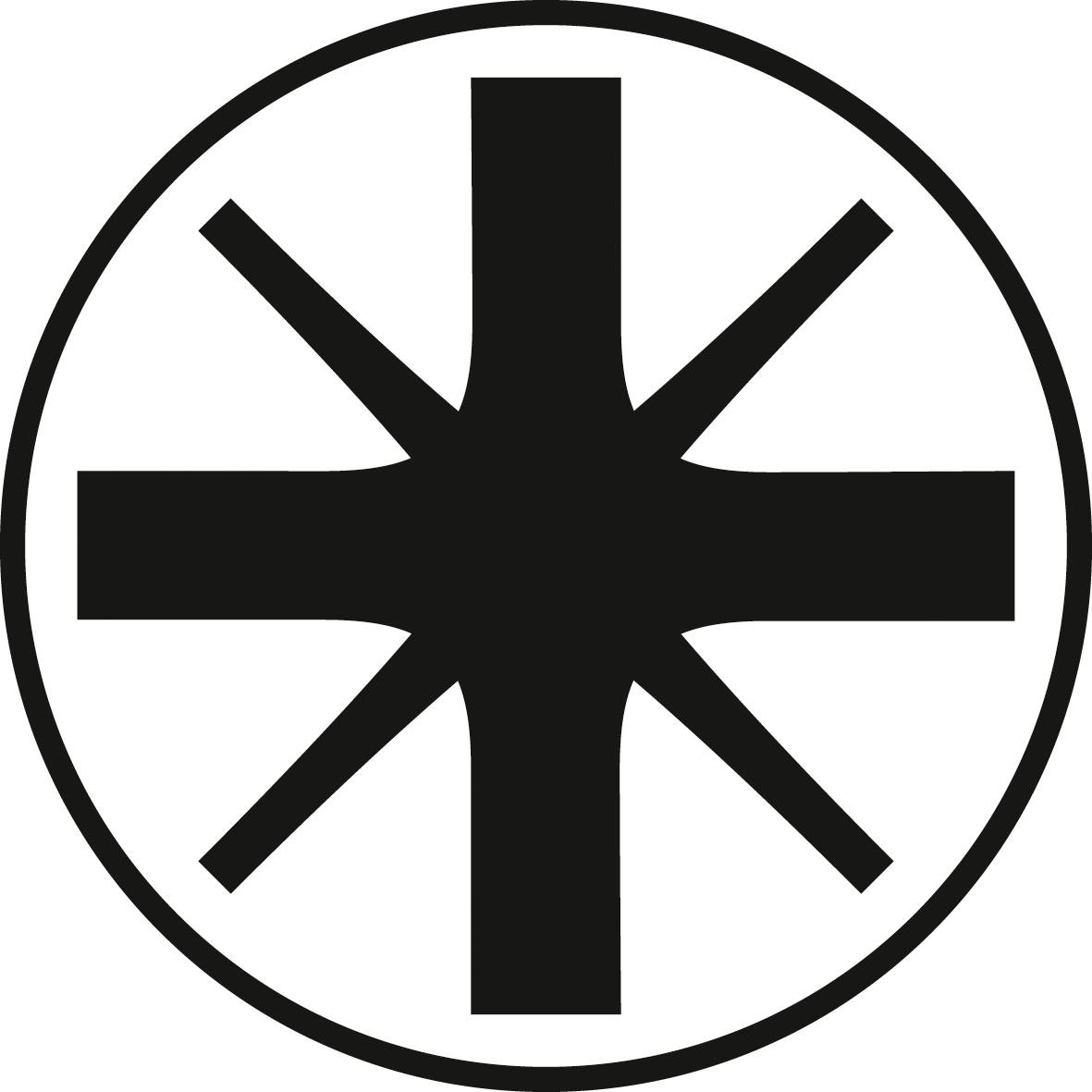 Symbol: Kreis mit schwarzem Kreuz aus 6 Strahlen, die an den Enden schräg nach außen weisen.