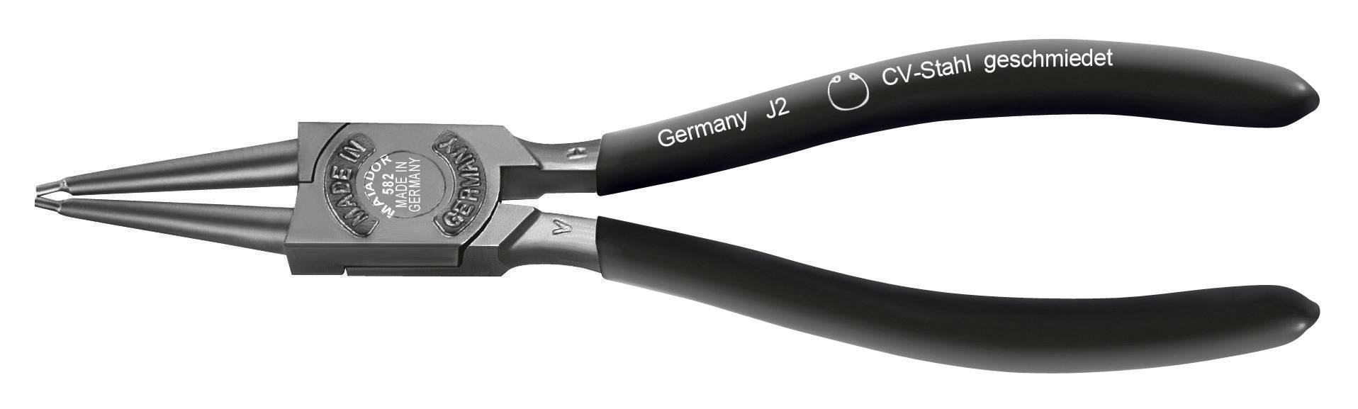 Eine kleine schwarze Sprengringzange aus geschmiedetem CV-Stahl mit runden, gebogenen Backen und der Aufschrift 'Germany J2'.
