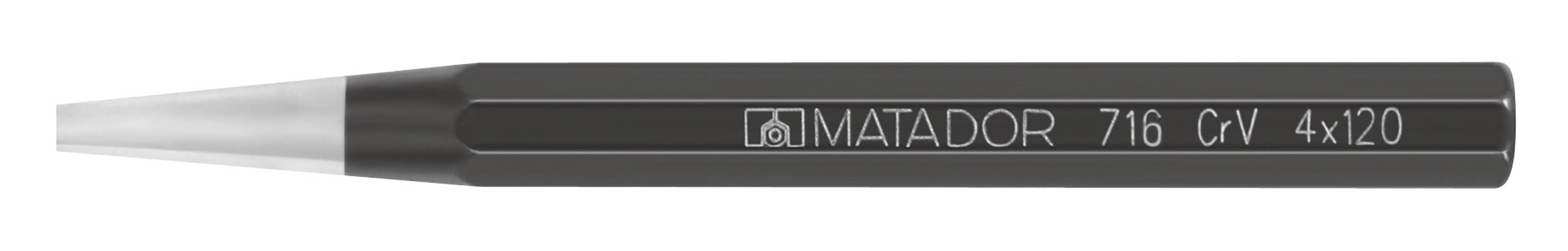 Eine graue Meißelstange mit der Aufschrift 'MATADOR 7/16 CrV 4x120'. Sie zeigt das Logo und Spezifikationen des Werkzeugs.