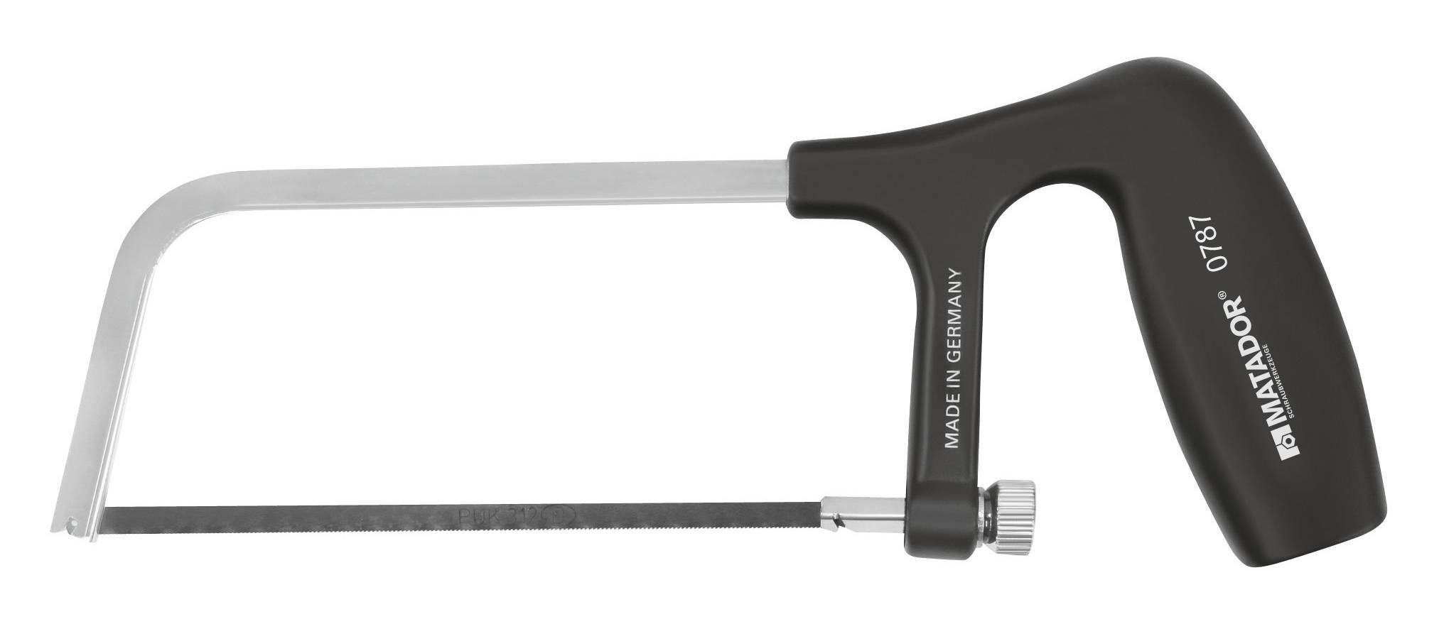 Bügelsäge mit schwarzem Griff und Metallklinge, darauf steht 'Matador 0187 Made in Germany'. Geeignet für präzise Schneidarbeiten.
