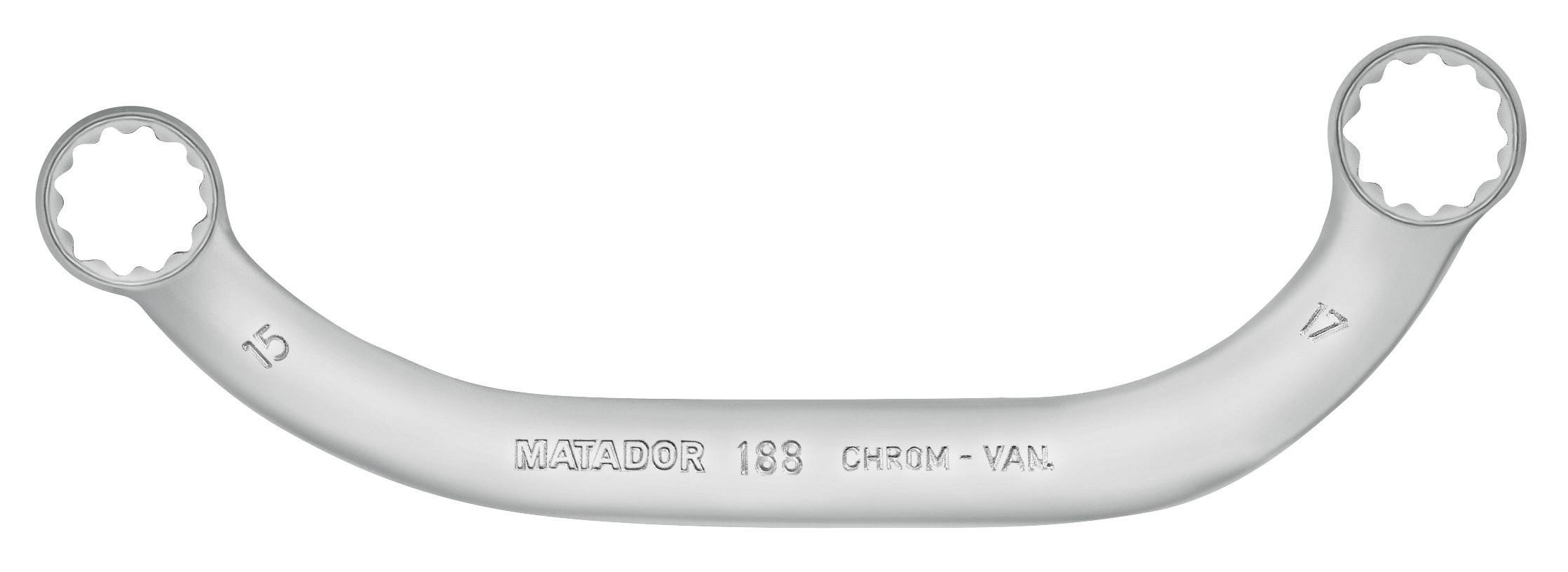 Gebogener Doppelmaulschlüssel, beschriftet mit '15', '17', 'MATADOR 188', 'CHROM-VAN'.