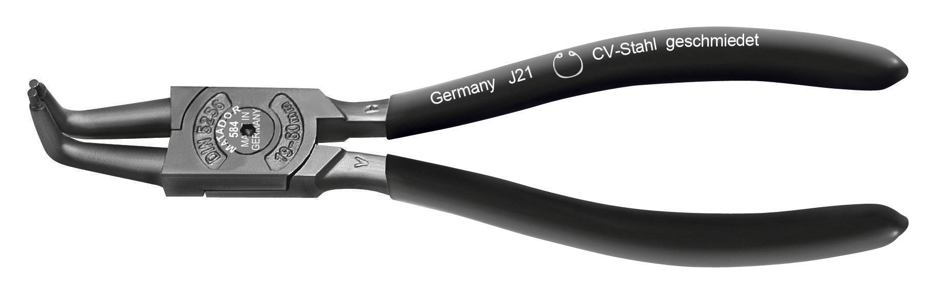Schwarze Sprengringzange mit gebogenen Spitzen, gekennzeichnet mit 'Germany J21 CV/Stahl geschmiedet'.