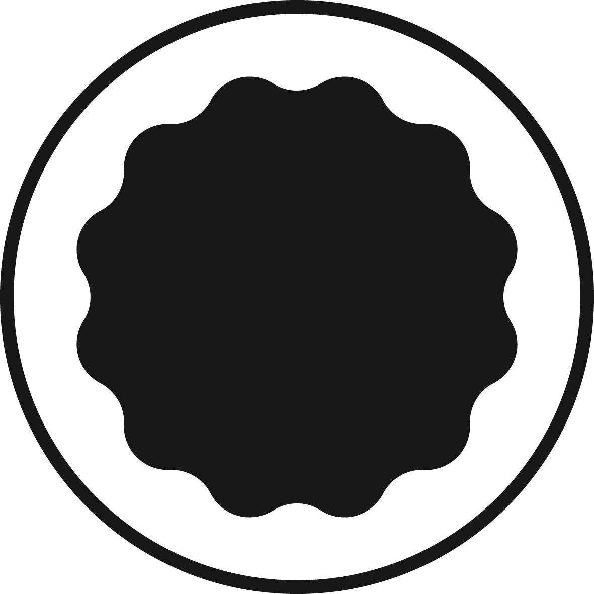 Schwarze, runde Form mit unregelmäßigem Rand in der Mitte eines weißen Kreises. Symmetrisches, schlichtes Design.