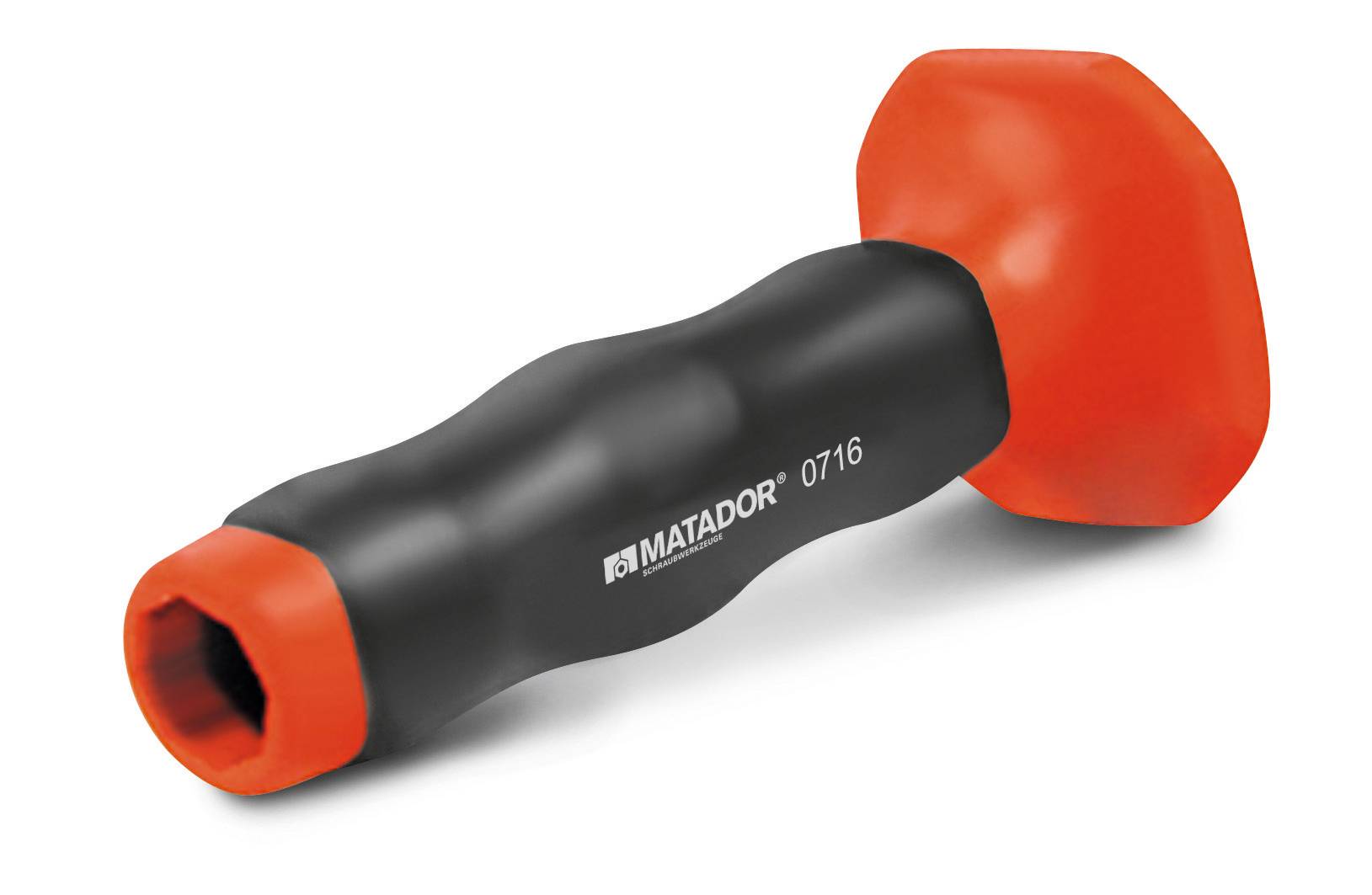 Auf dem Bild ist ein schwarzer und orangefarbener Schonhammer mit einem wabenförmigen Kopf abgebildet.