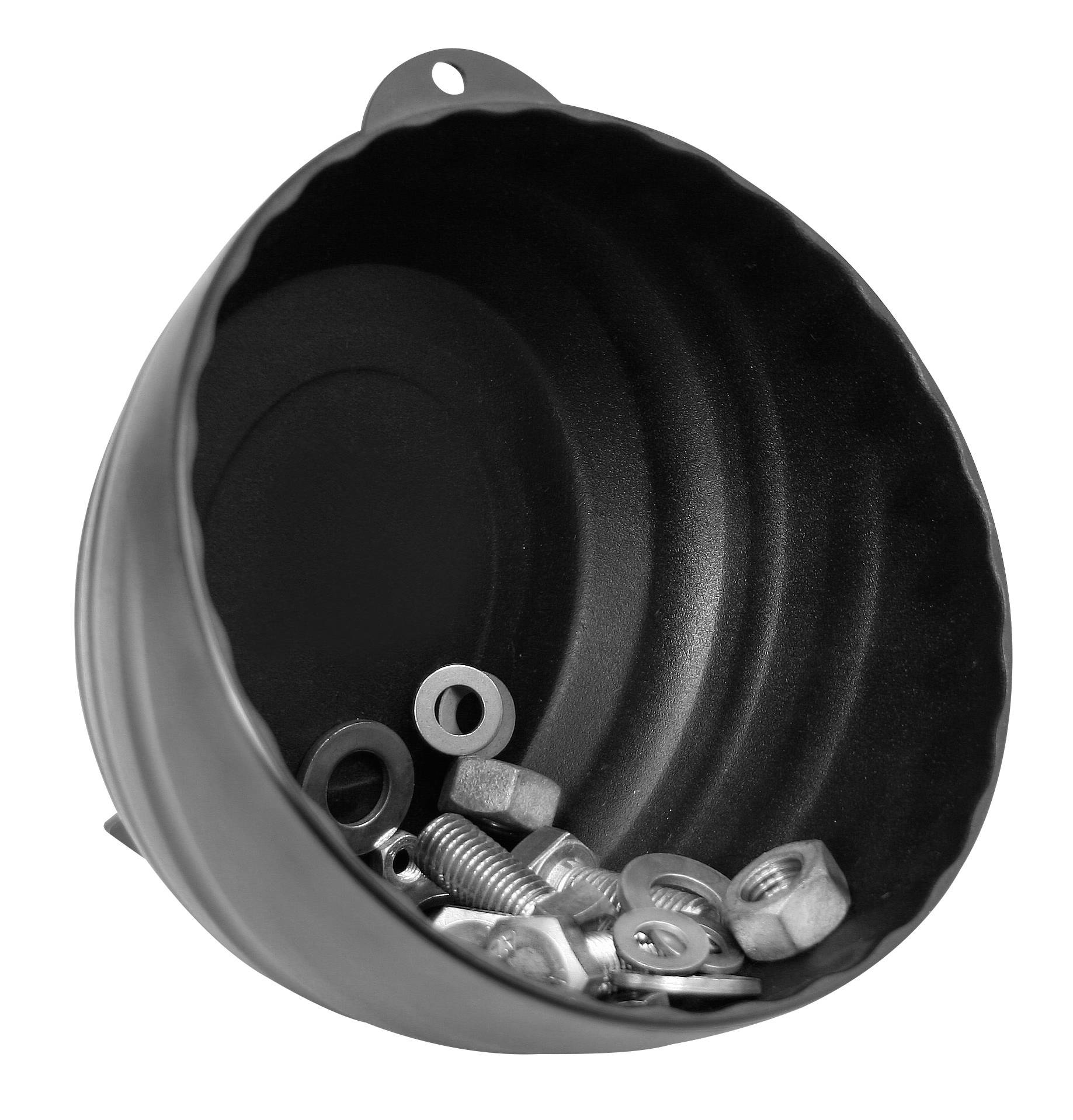 Runde magnetische Schale mit Muttern, Schrauben und Unterlegscheiben. Dient zur ordentlichen Aufbewahrung von Metallkleinteilen.