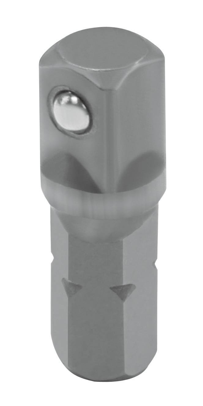 Metalladapter mit sechsseitigem Ende und Kugelgelenk, häufig für die Verbindung von Werkzeugaufsätzen mit Bohrmaschinen verwendet.