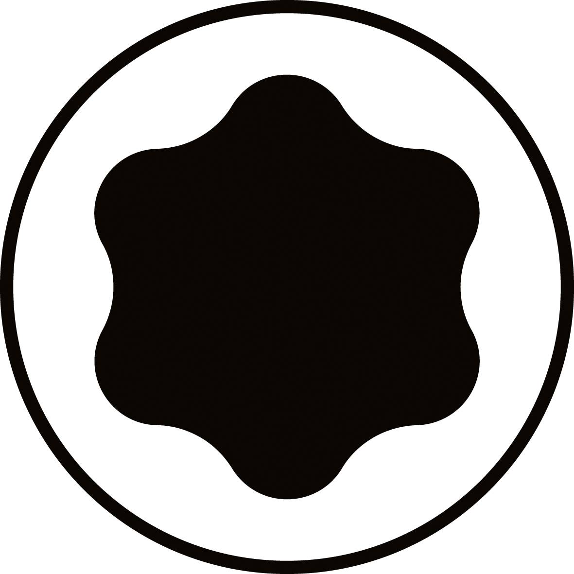 Ein schwarzes, noppenförmiges Symbol in einem Kreis auf weißem Hintergrund, ähnlich einem Markenlogo.