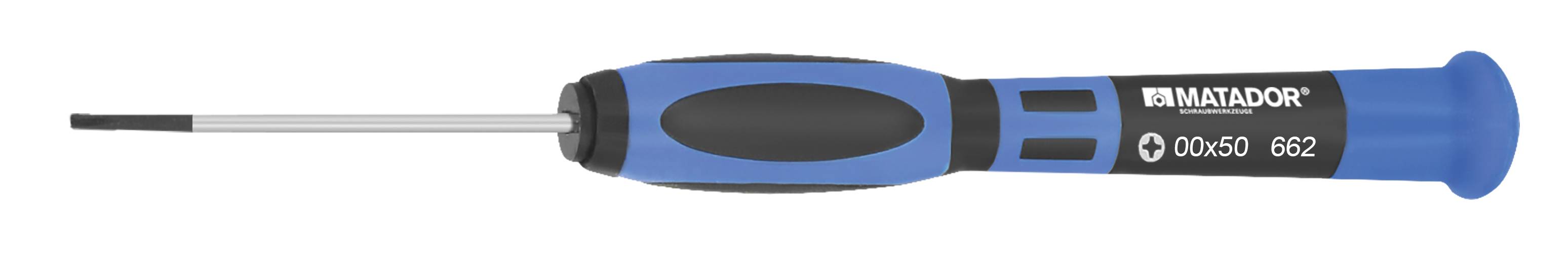 Kleiner Schraubendreher mit blau-schwarzem Griff, geeignet für präzise Arbeiten.