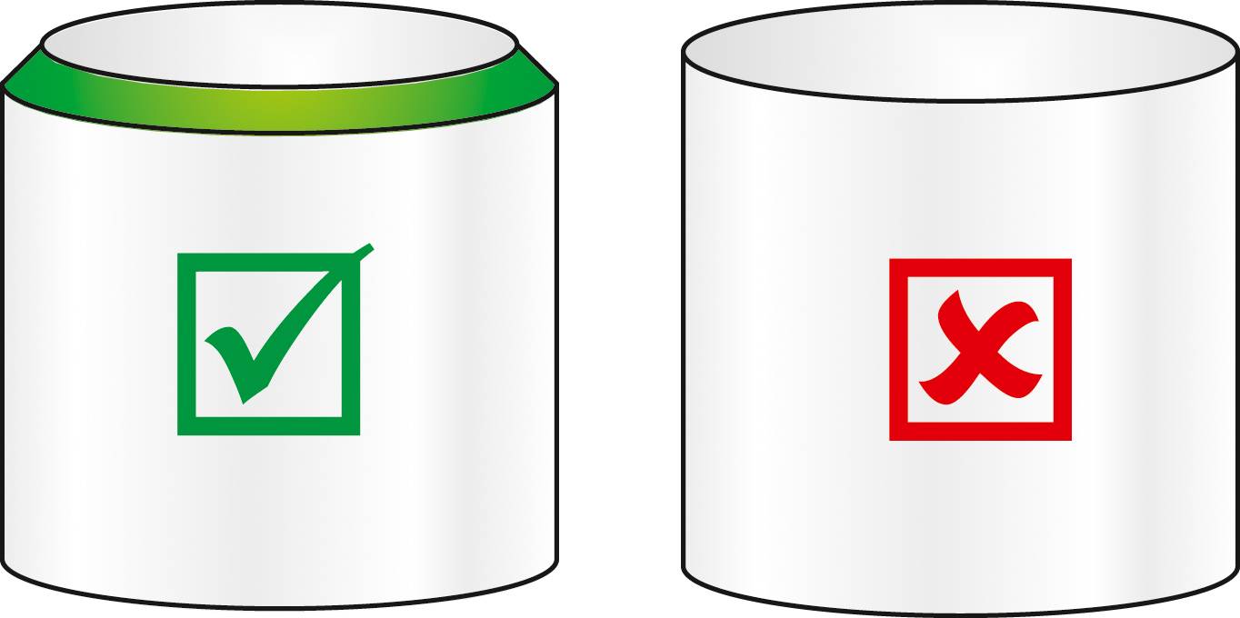 Zwei Dosen: links mit grünem Häkchen, rechts mit rotem Kreuz. Symbolisiert korrekte und falsche Wege, Dosen zu öffnen.