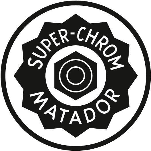 Das Bild zeigt das Logo 'SUPER-CHROM MATADOR' mit einem stilisierten Zahnrad und einer sechseckigen Mutter in der Mitte.