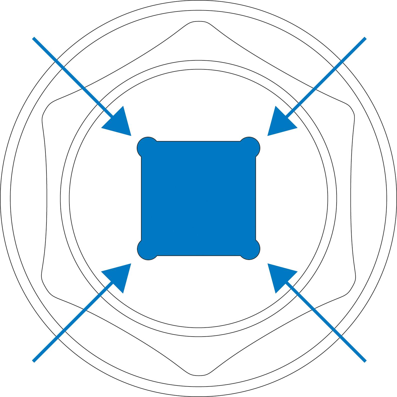 Blauer quadratischer Mittelpunkt mit Pfeilen, die von den vier Ecken auf einen inneren Kreis zeigen. Konzentriert auf ein zentrales Thema.