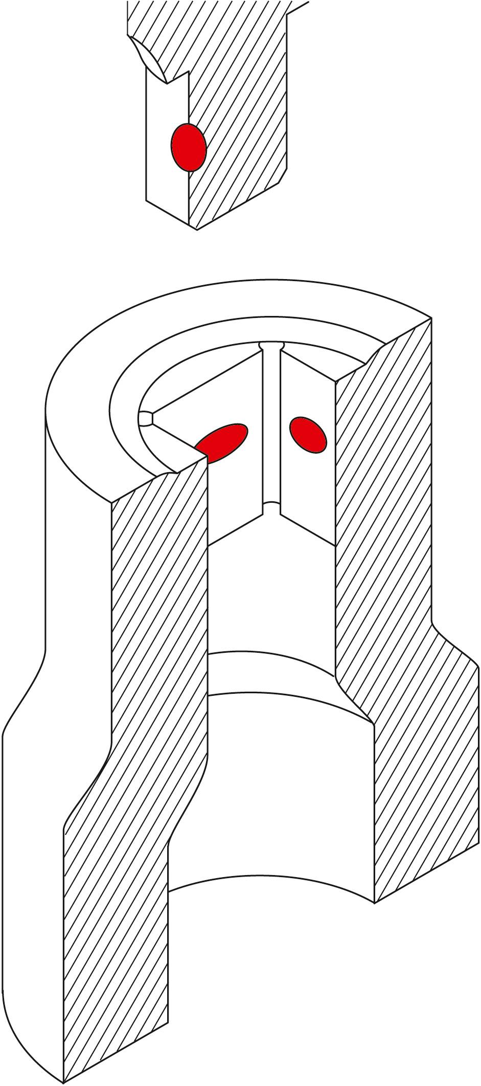 Geschnittene technische Zeichnung eines zylindrischen Bauteils mit zwei markierten roten Punkten an der Innenwand.