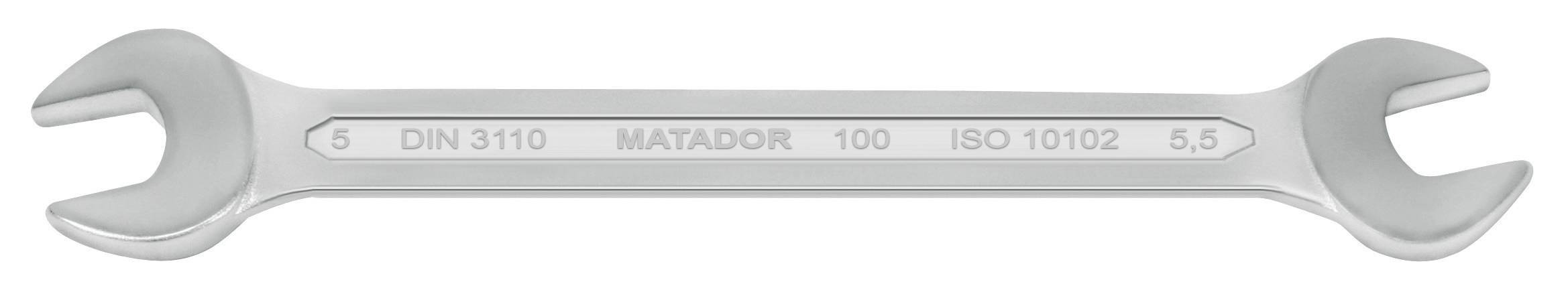 Doppelseitiger Gabelschlüssel aus Metall, eingeprägt sind 'DIN 3110', 'MATADOR', 'ISO 10102', und die Größenangaben 5 und 5,5.