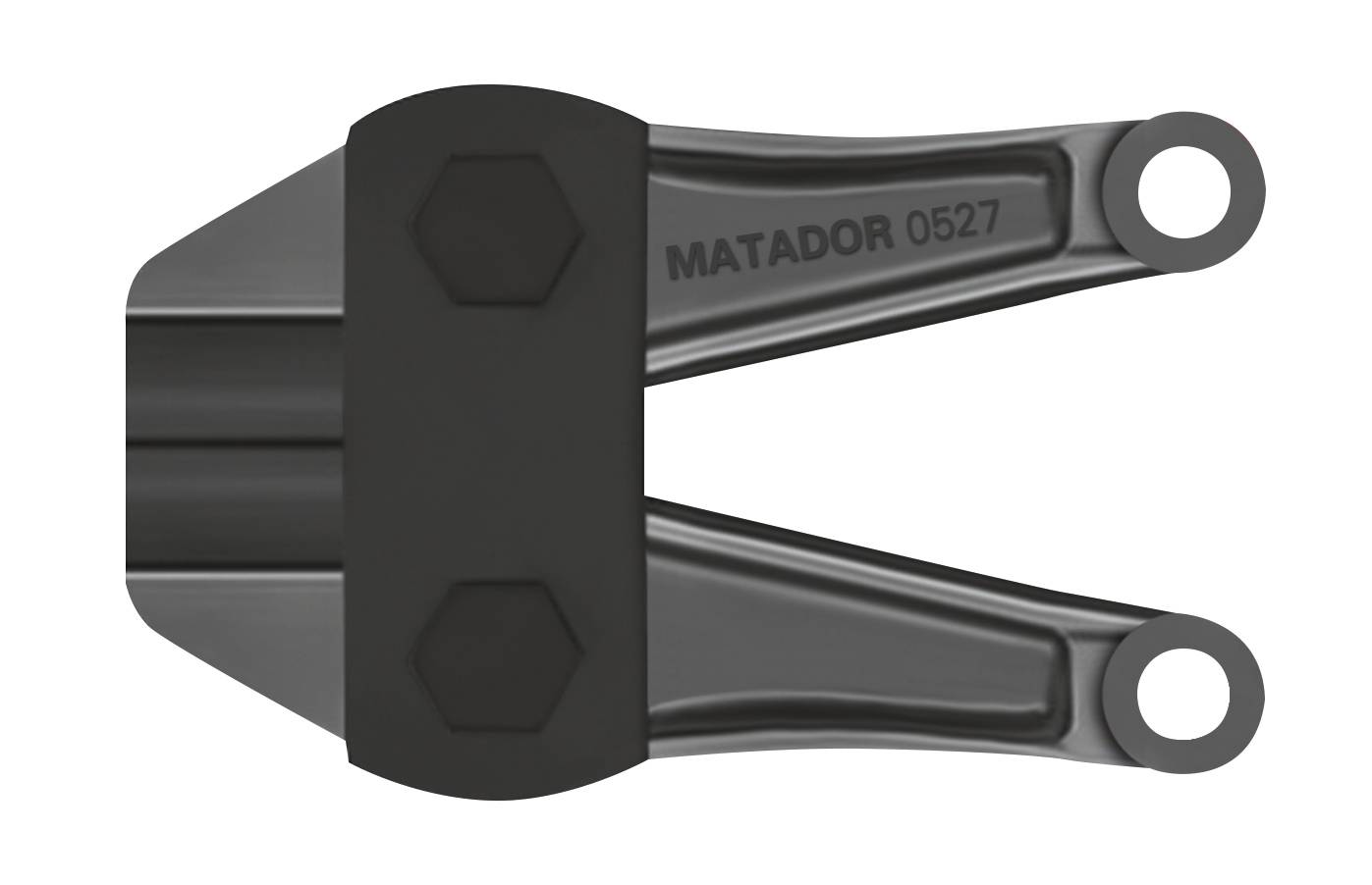 Ein schwarzes und graues Metallteil mit der Aufschrift 'MATADOR 0527'. Es hat zwei längliche Arme mit Löchern an den Enden.