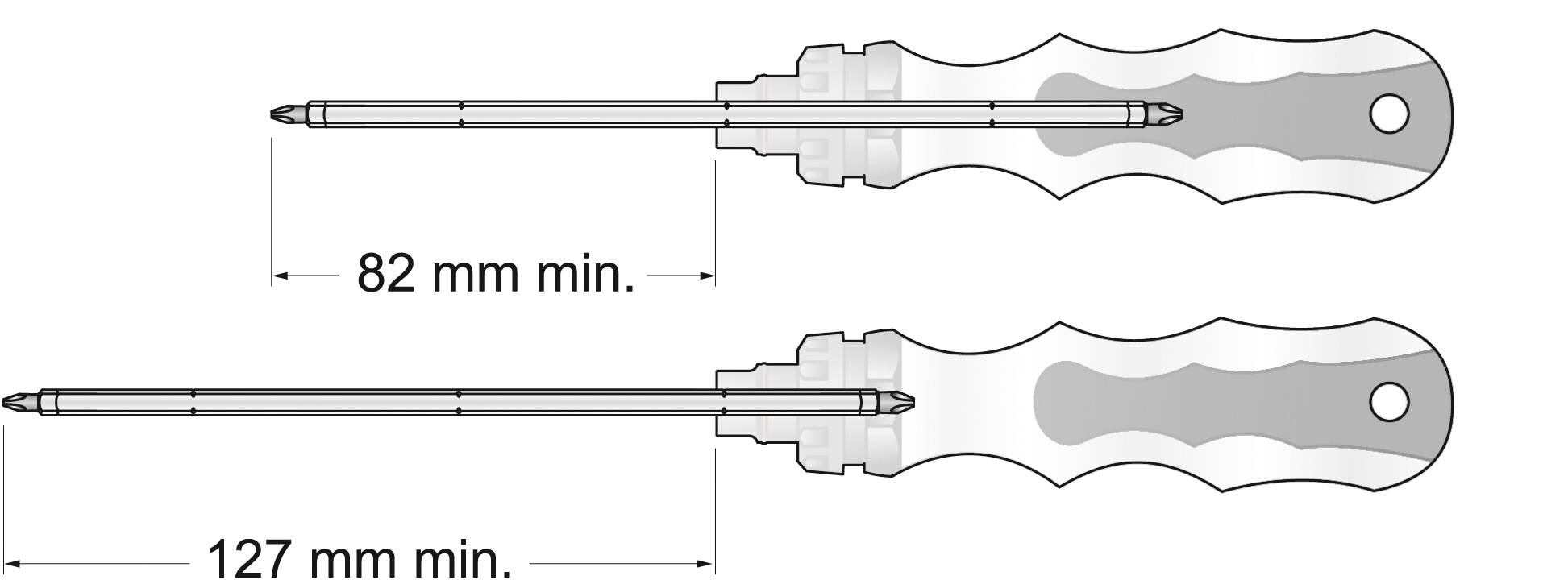 Abbildung von zwei Schraubendrehern mit Griffen. Einer ist 82 mm und der andere 127 mm lang, mit Mindestlängen angegeben.
