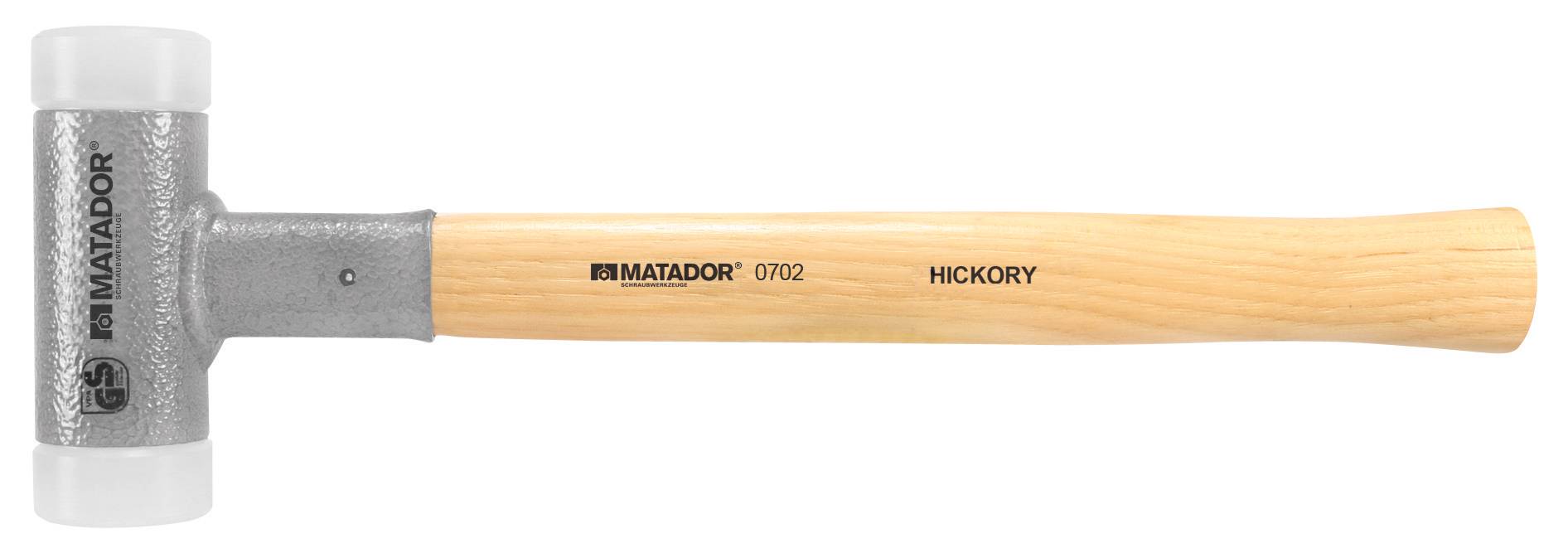 Gummihammer mit hölzernem Griff und Metallkopf; Aufschrift: 'MATADOR 0702 HICKORY'. Geeignet für Arbeiten, die schonende Schläge erfordern.