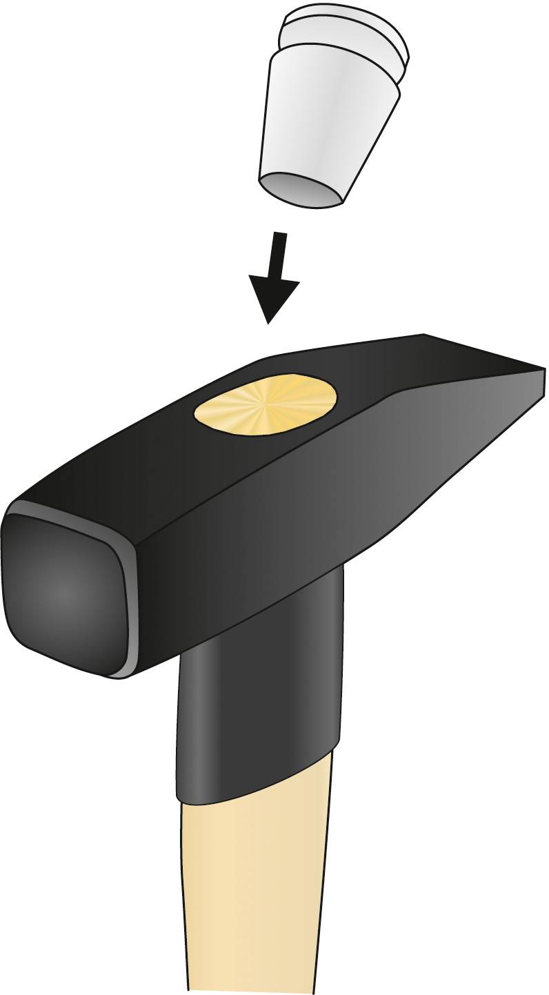 Ein Hammer mit Holzgriff und ein abnehmbarer Gummikopf, der zum Schutz auf den Hammer aufgesetzt werden kann.