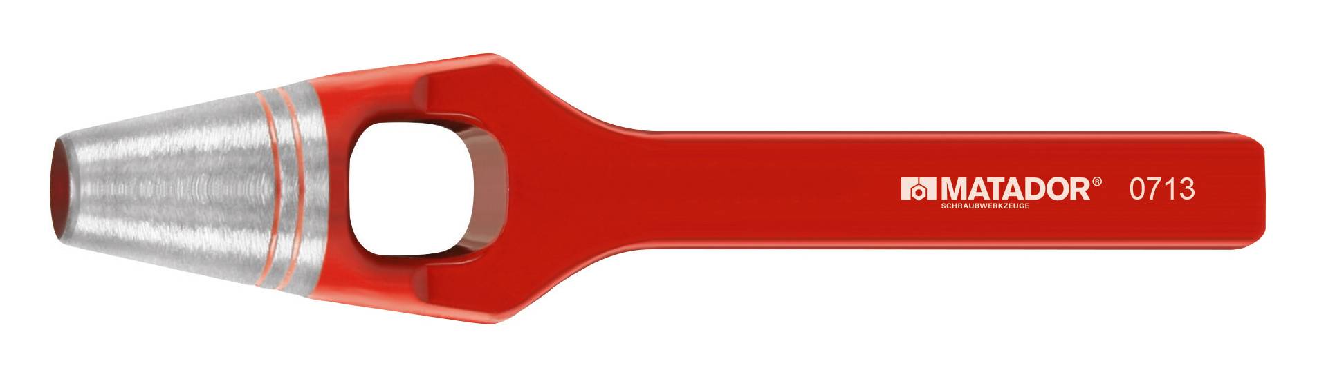 Rotes Matador Locheisen mit silberner Spitze und Griff, Modellnummer 0713, zur Herstellung präziser Löcher in Materialien.