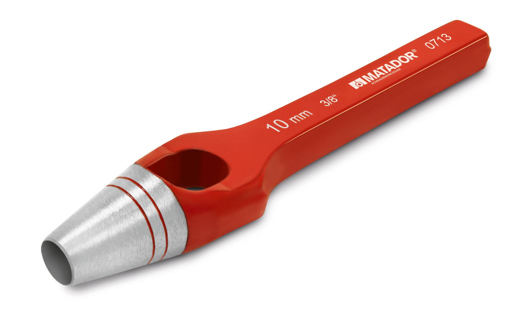 Handstanze mit rotem Griff, 10 mm Durchmesser, Markenkennzeichnung 'Matador'.