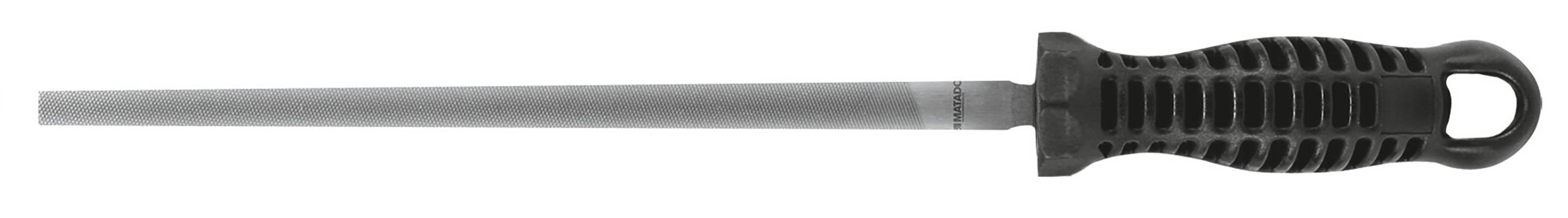 Ein Wetzstahl mit schwarzem Griff, verwendet zum Schärfen von Messerklingen.