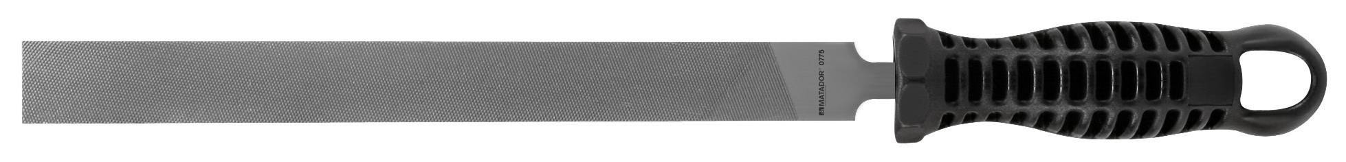 Eine flache Metallfeile mit einem schwarzen, ergonomisch geformten Griff, geeignet für das Glätten oder Bearbeiten von Materialien.