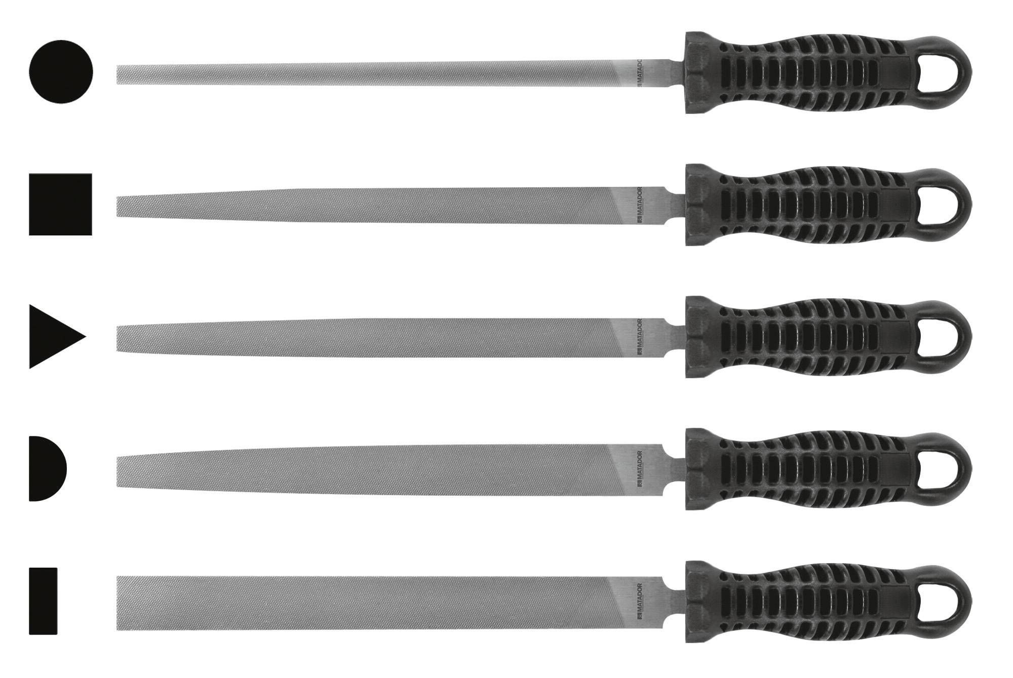 Fünf Feilen mit unterschiedlichen Querschnitten: Kreis, Quadrat, Dreieck, Halbkreis und Rechteck. Griffe sind schwarz geriffelt.