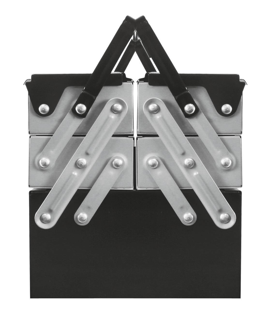Schwarzes, rechteckiges Objekt mit silbernen geometrischen Mustern und beweglichen Teilen. Oben zwei schwarze Griffe nebeneinander.