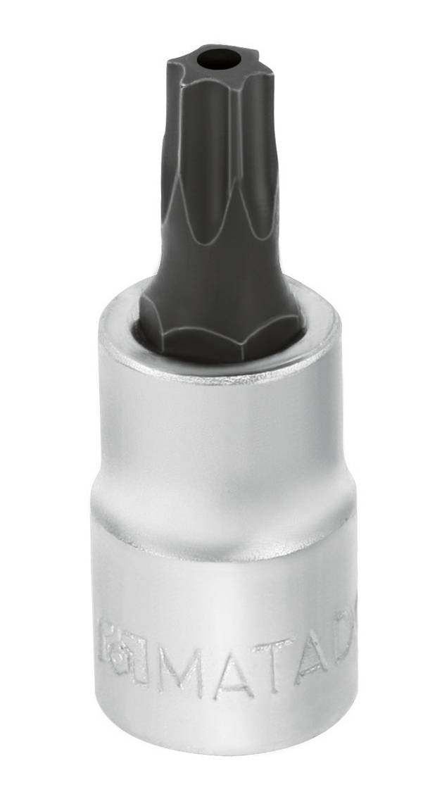 Ein silberner Steckschlüsseladapter mit einem schwarzen Innenprofil für Torx-Schrauben.
