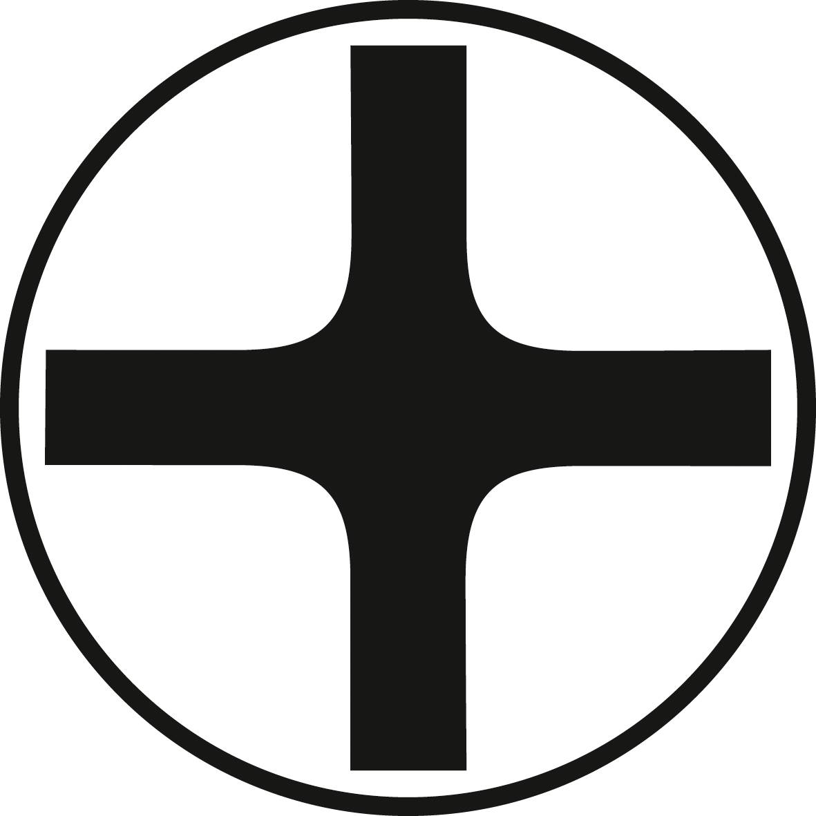 Schwarz-weißes Symbol: Ein dickes schwarzes Pluszeichen innerhalb eines Kreises.