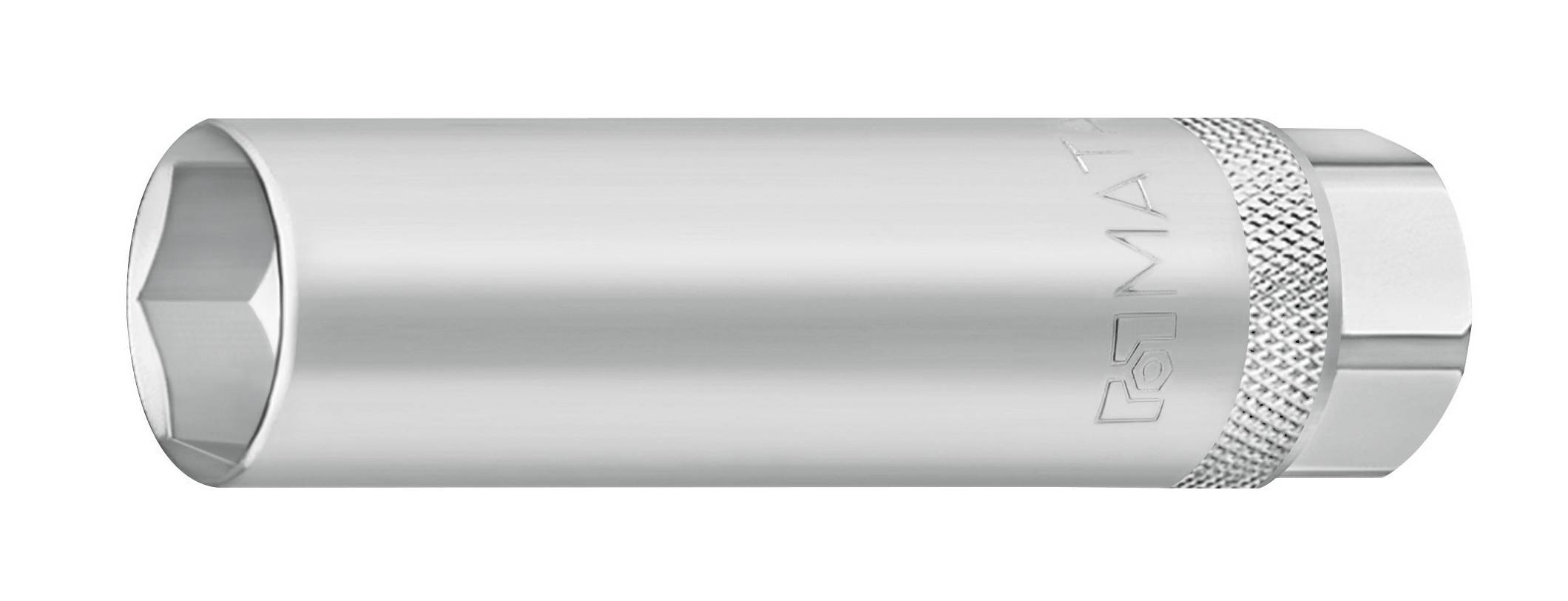 Eine silberne Sechskant-Stecknuss mit rutschfestem Griff, geeignet für präzises Festziehen von Schrauben oder Muttern.