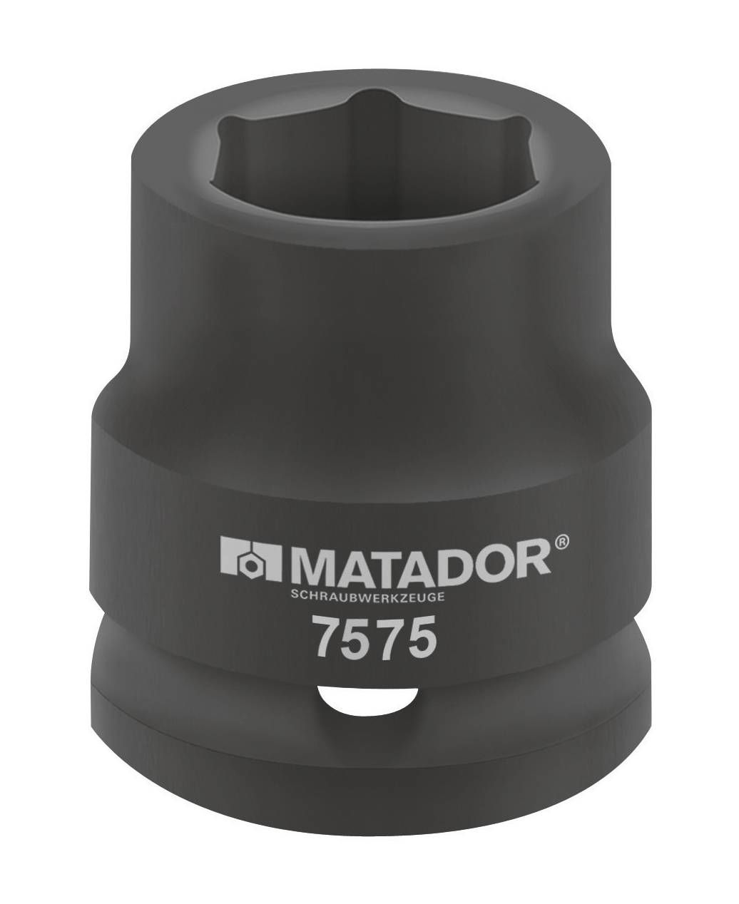Steckschlüssel-Einsatz, schwarz, mit Sechskantkopf, Aufschrift 'MATADOR 7575', zur Verwendung mit Schraubwerkzeugen.
