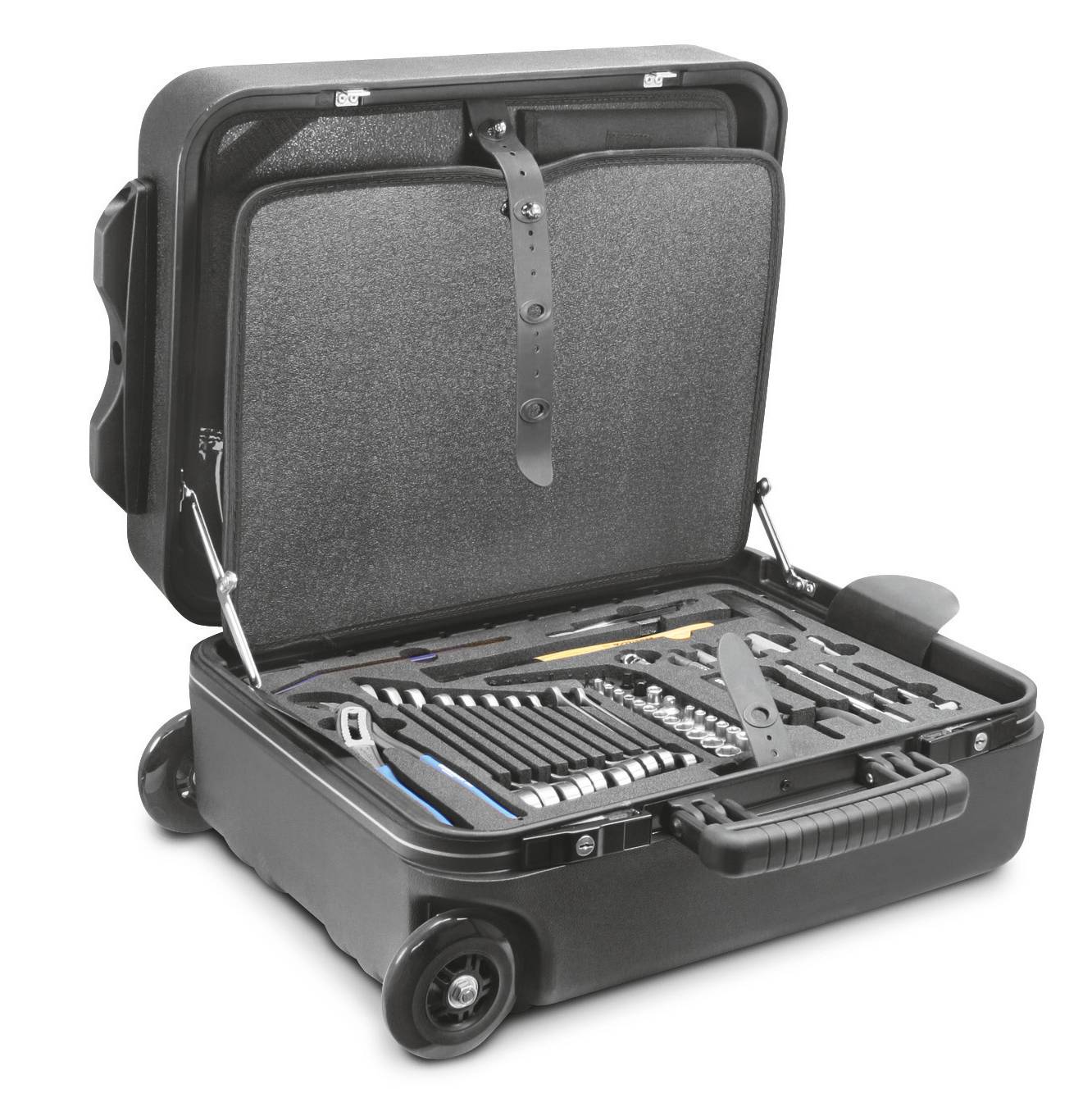 Ein schwarzer Werkzeugkoffer auf Rädern, geöffnet, zeigt Sortimente von Schraubenschlüsseln, Zangen, Schraubendrehern und anderen Werkzeugen.